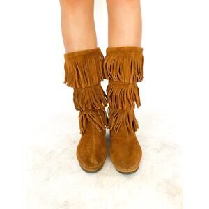 VTG Suede Fringe Moccasin Boots Boho Festival Minnetonka S7